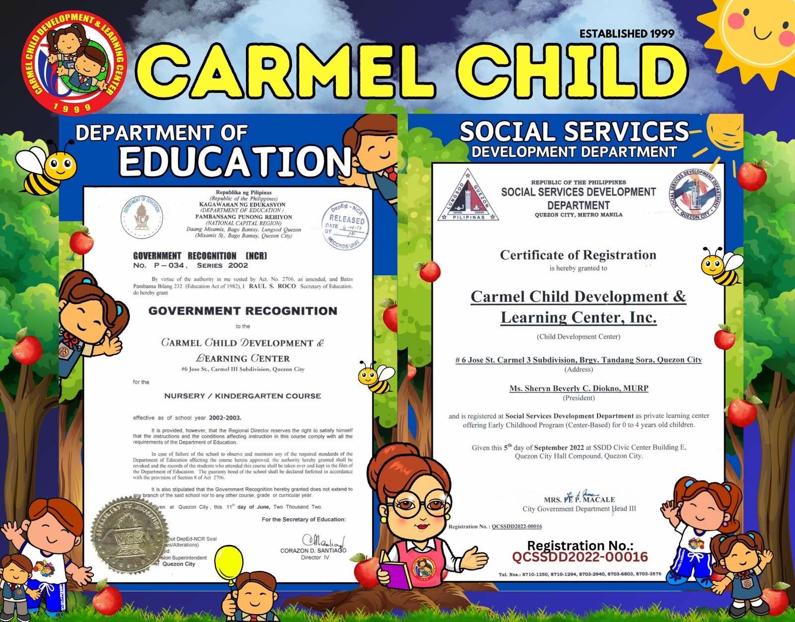 Department of Education Recognition and Social Services Development Department Registration - Carmel Child Development & Learning Center