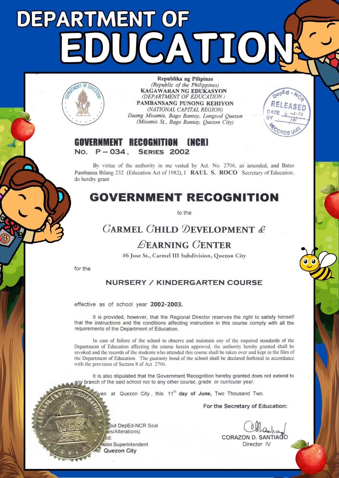 Department of Education Government Recognition No. P-034, Series 2002 - Carmel Child Development & Learning Center
