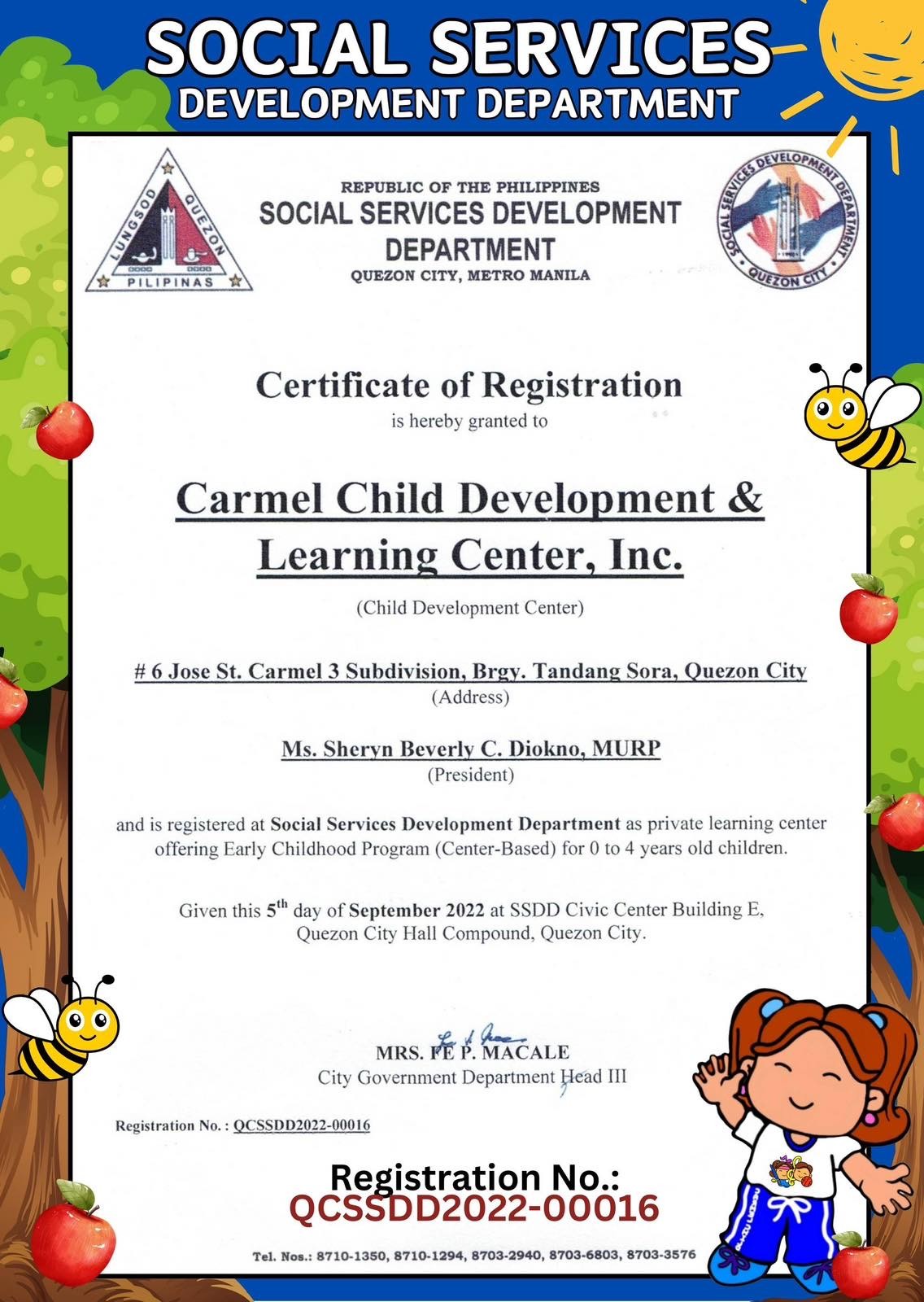 Social Services Development Department Certificate of Registration - Carmel Child Development & Learning Center