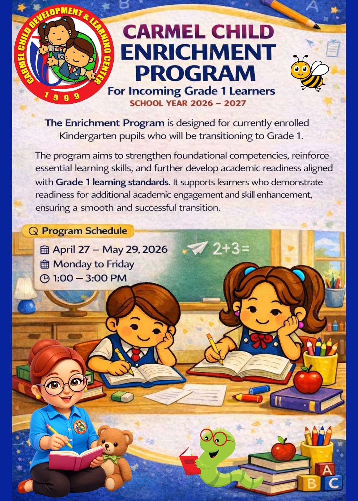Carmel Child Enrichment Program for Incoming Grade 1 Learners - School Year 2026-2027 - Carmel Child Development & Learning Center