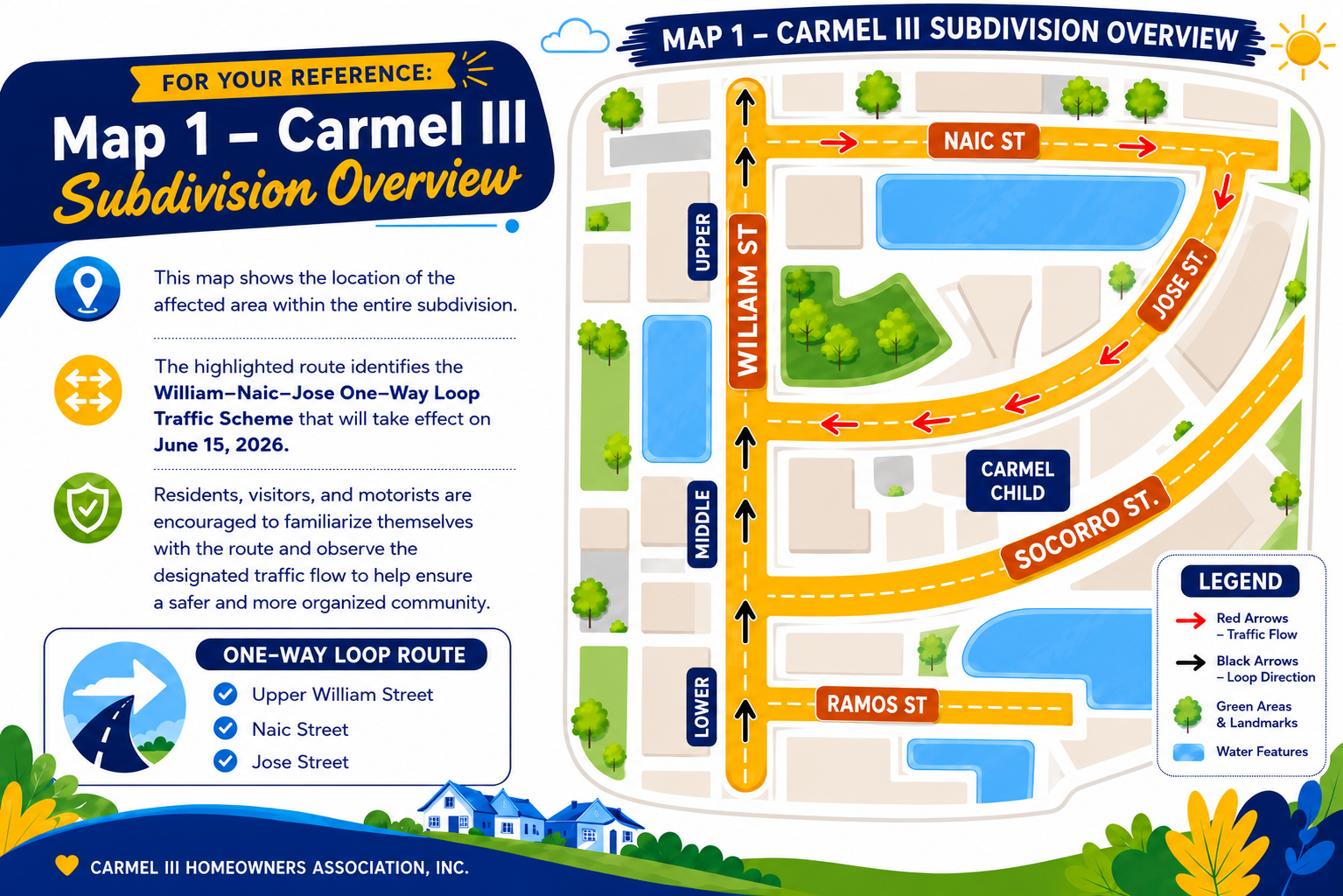 Map 1 - Carmel III subdivision overview for the one-way loop route