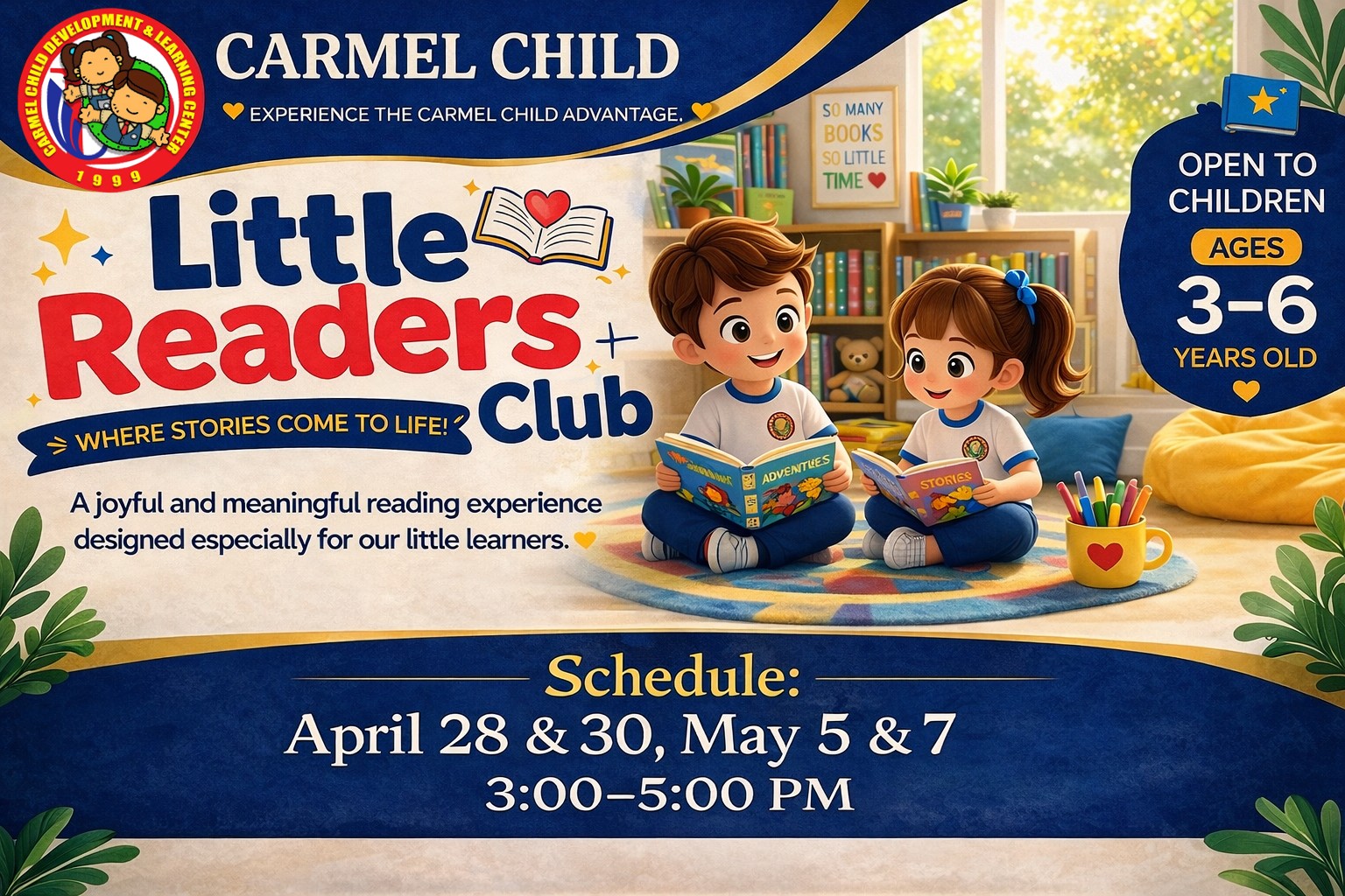 Little Readers Club schedule and session details at Carmel Child