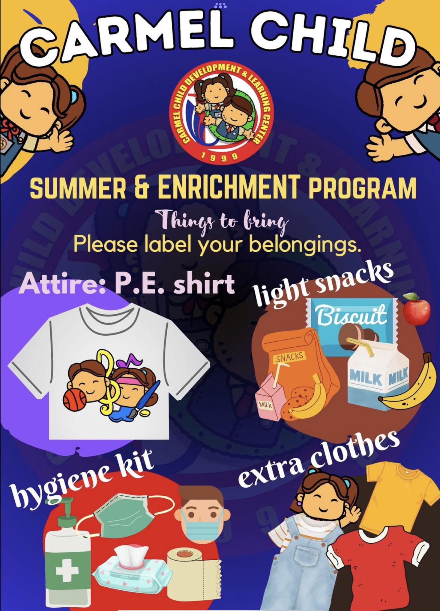 Summer Program - Incoming Pre-Kindergarten - Things to Bring - Carmel Child Development & Learning Center