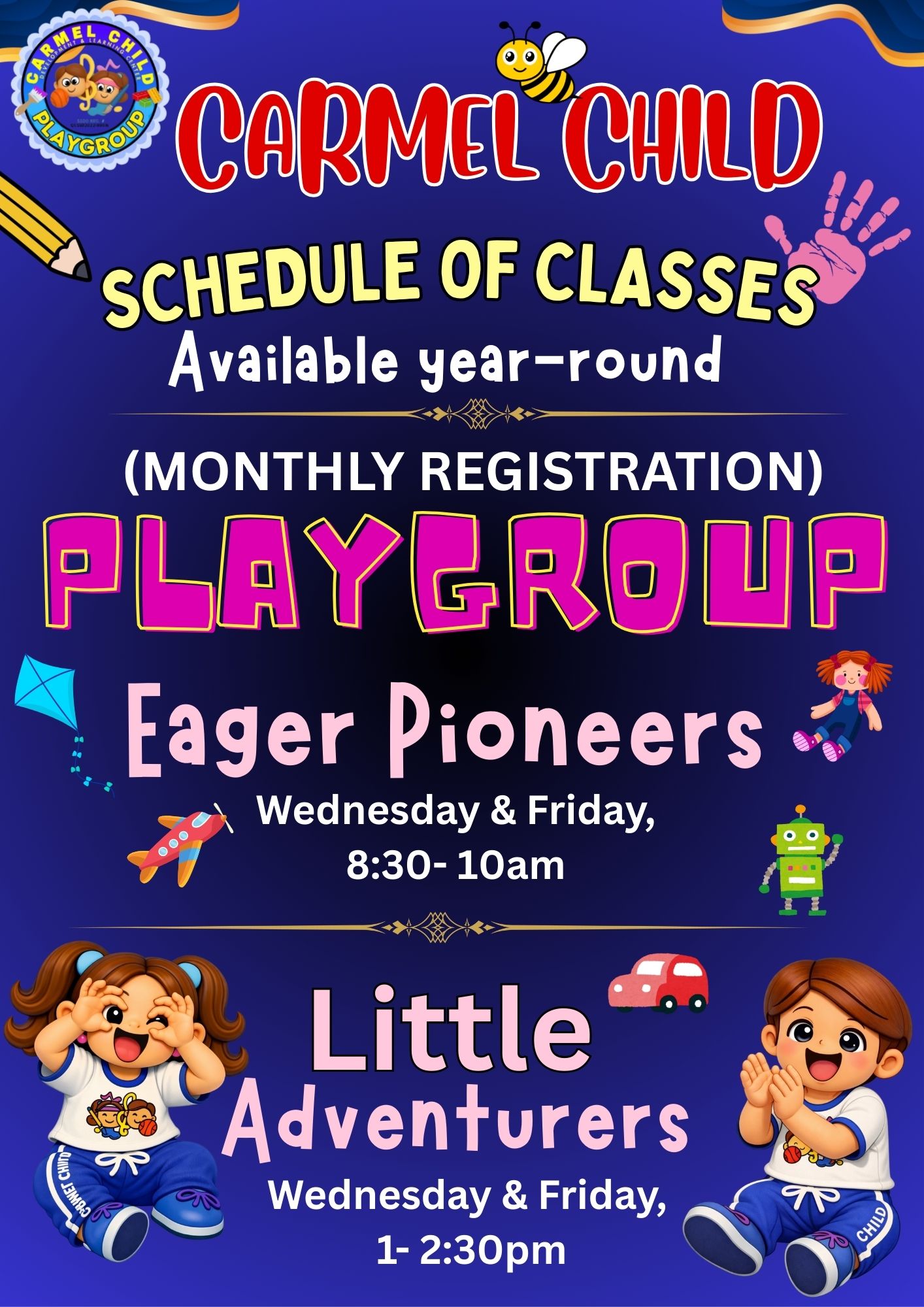 Playgroup Schedule - Little Adventurers, Wednesday & Friday 1-2:30pm - Carmel Child